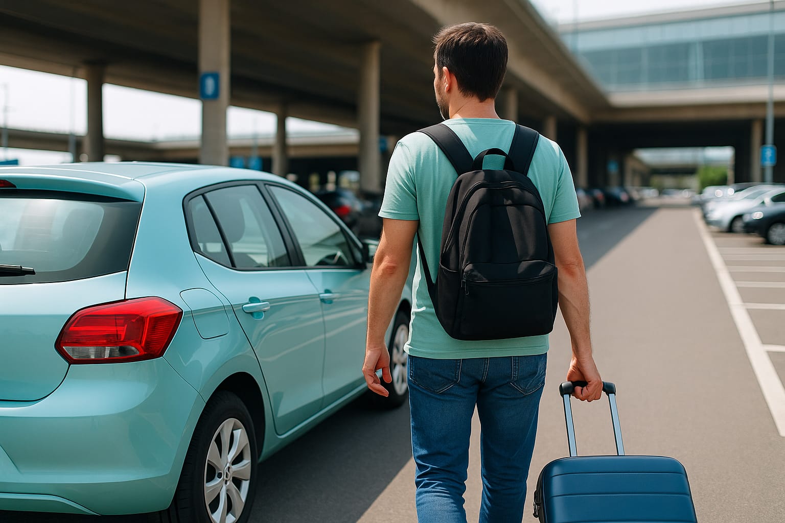 Persona con maleta llegando a un coche de alquiler en un aeropuerto