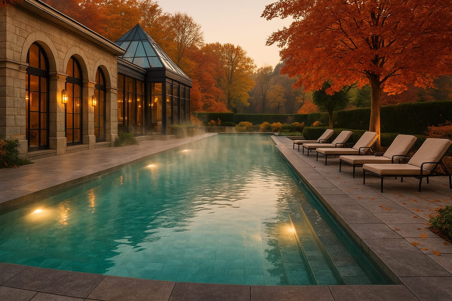 Spa de lujo en Caldes de Malavella, Firona, con piscina termal exterior rodeada de árboles otoñales