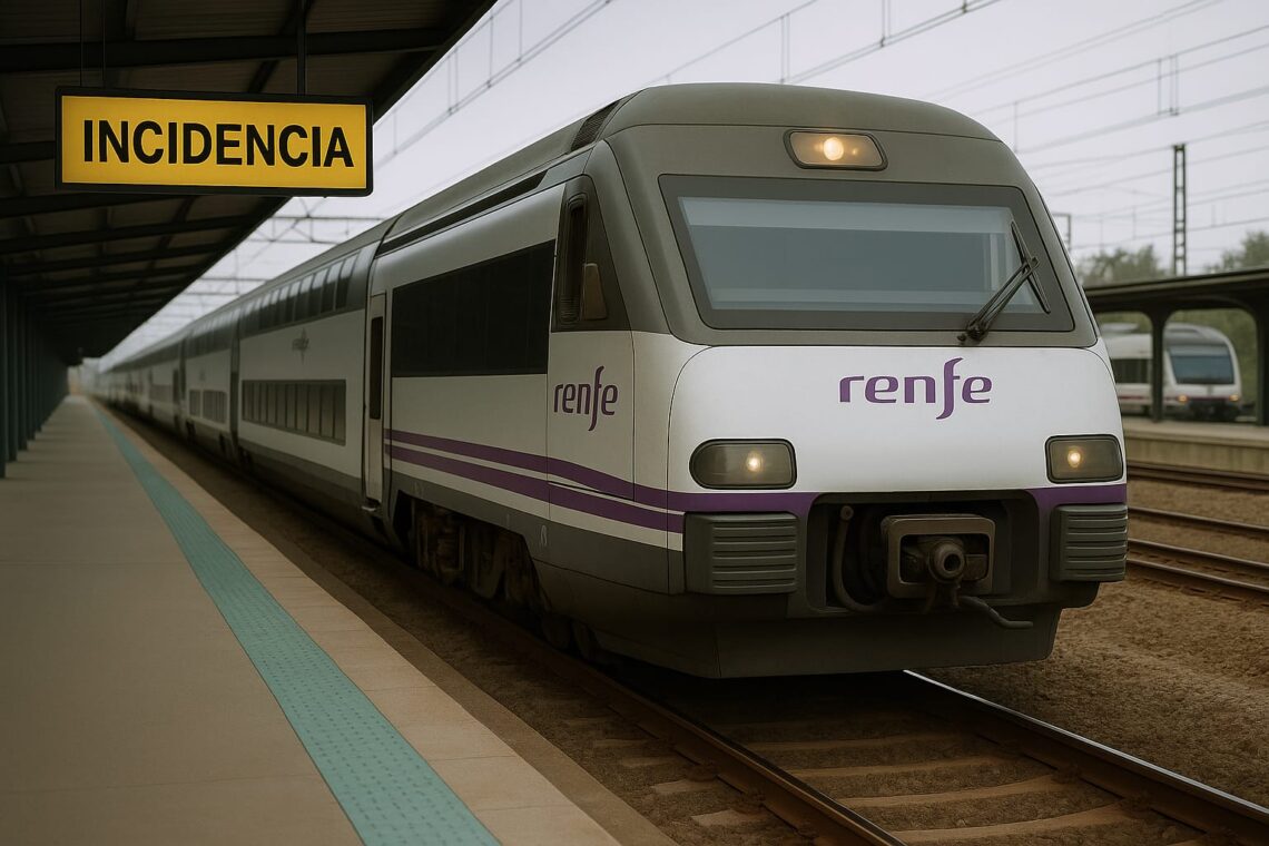 Tren de Renfe detenido en estación con cartel de incidencia