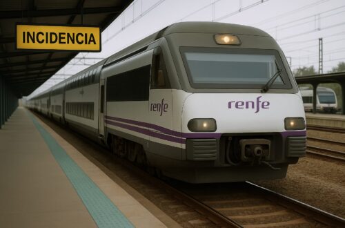 Tren de Renfe detenido en estación con cartel de incidencia