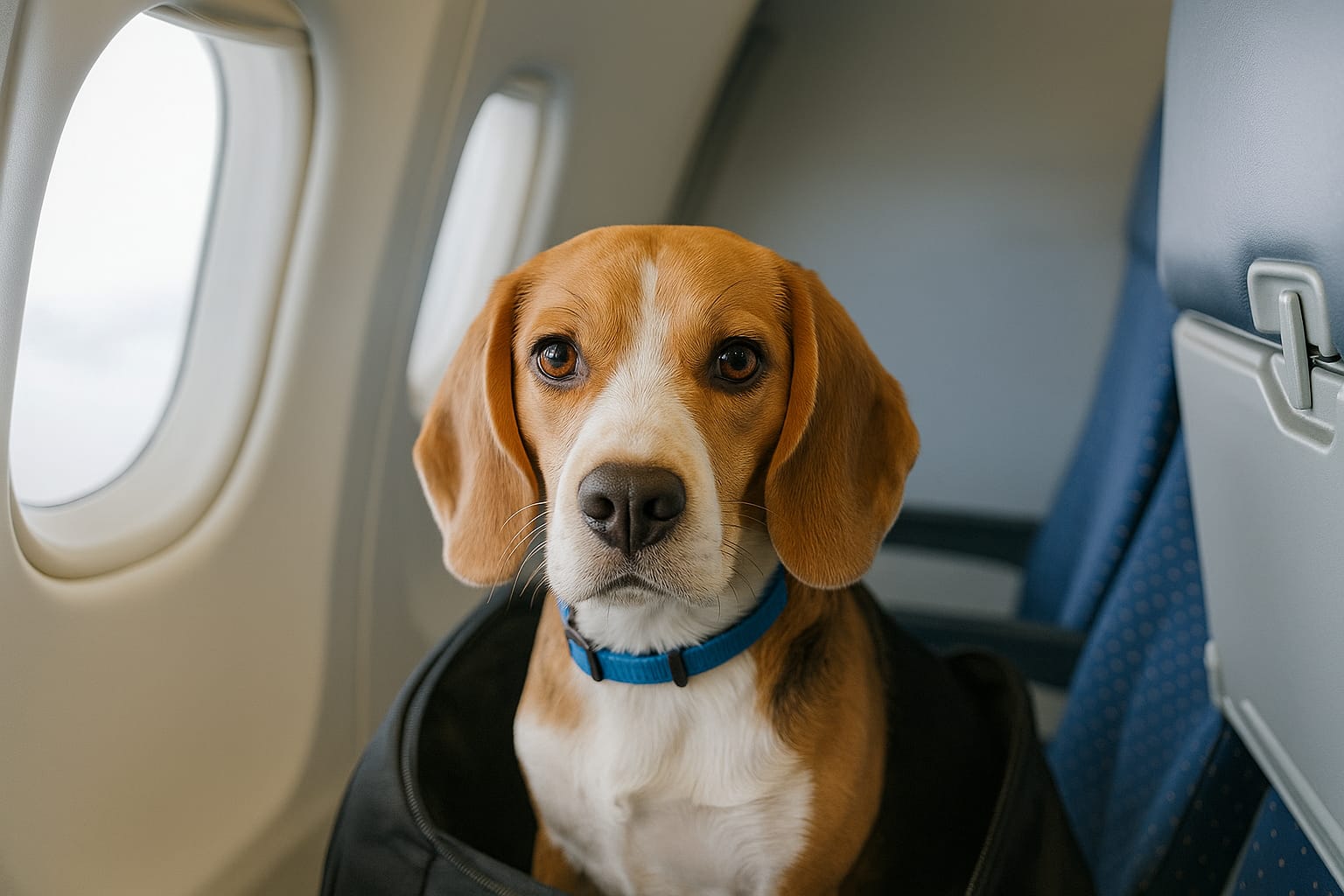 Perro en transportín dentro de un avión durante un viaje en 2025