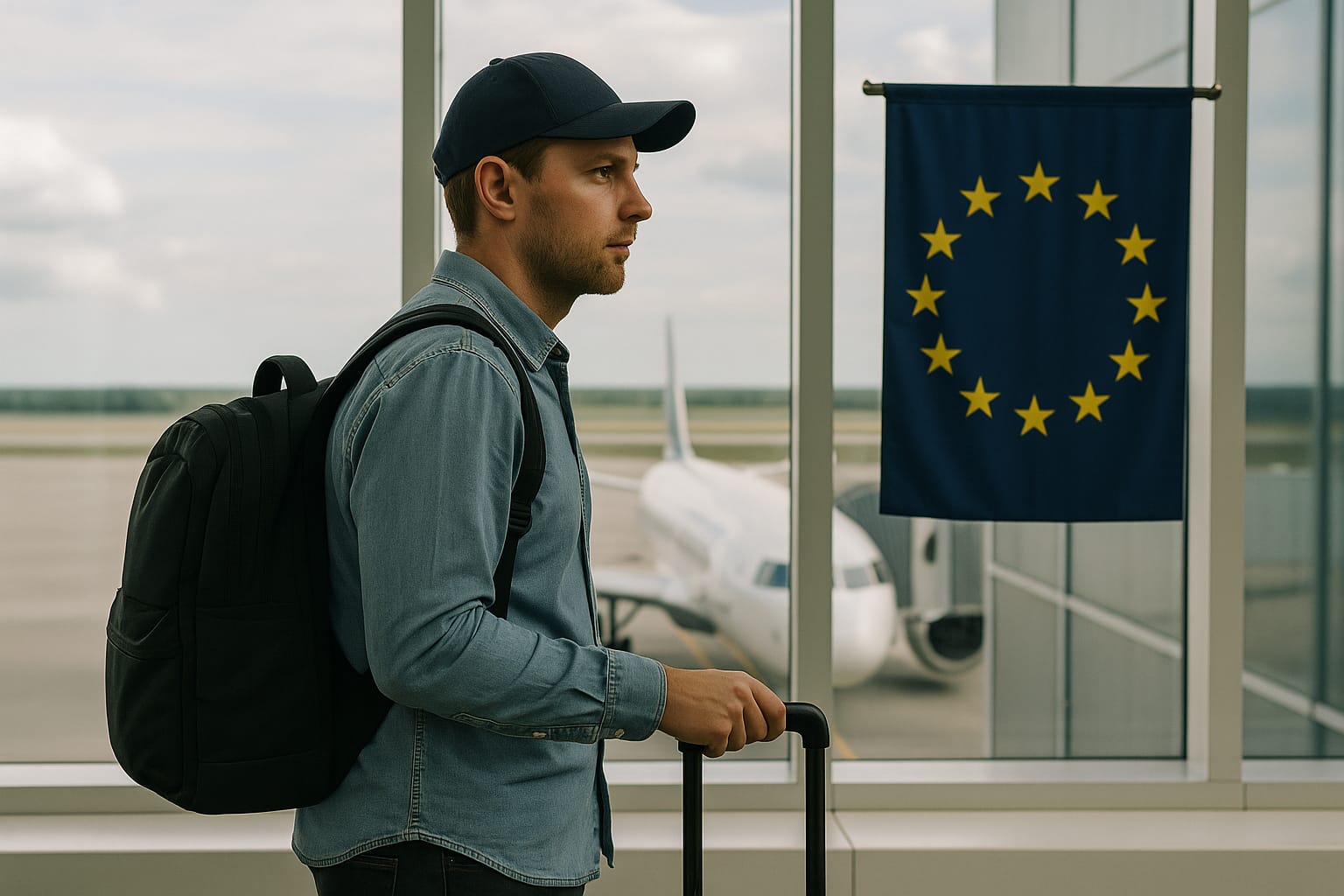 Hombre viajero con mochila y maleta frente a la bandera de la Unión Europea en un aeropuerto