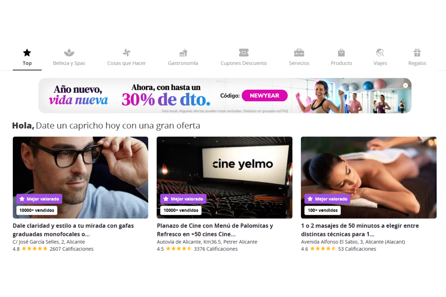 Ejemplo de escapadas y experiencias en Groupon
