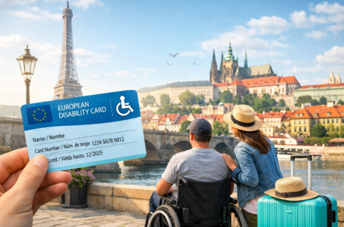 Persona viajando por Europa con la Tarjeta Europea de Discapacidad y accesibilidad