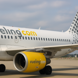 Avión de Vueling Airbus A320 con motor amarillo y cola con puntos, estacionado en el aeropuerto