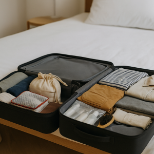 Maleta abierta con ropa doblada, neceser y zapatillas junto a una cama blanca, lista para un viaje corto