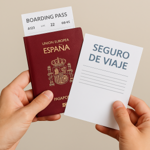 Manos sujetando un pasaporte español, tarjeta de embarque y póliza de seguro de viaje sobre una mesa clara, en formato horizontal