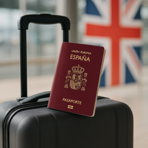 Pasaporte español y maleta listos para viajar al Reino Unido