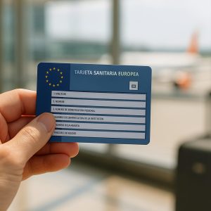 Tarjeta Sanitaria Europea sostenida por un viajero en aeropuerto
