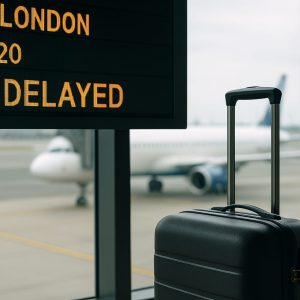 Pantalla de aeropuerto con vuelo retrasado y maleta junto a la puerta de embarque