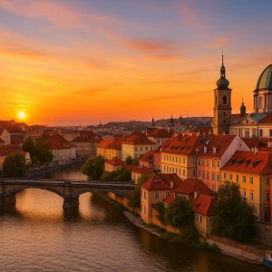 Vista panorámica de una ciudad histórica europea al atardecer con un río, puente y catedral