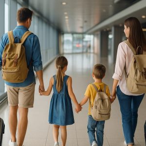 Familia con niños viajando en aeropuerto, listos para comenzar sus vacaciones