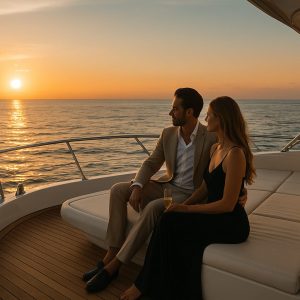 Pareja disfrutando de una experiencia VIP en yate de lujo al atardecer