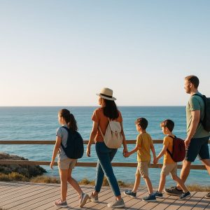 Familia viajando con niños por un paseo marítimo frente al mar durante sus vacaciones