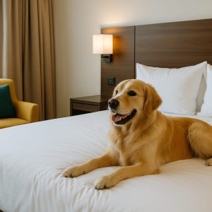 Perro en la cama de un hotel pet friendly en España en 2025