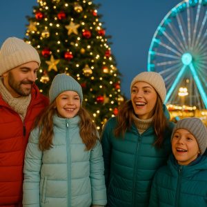 Familia disfrutando de la Navidad en un parque de atracciones en España