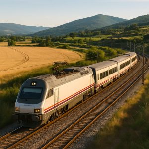 Tren moderno recorriendo paisajes de España al atardecer