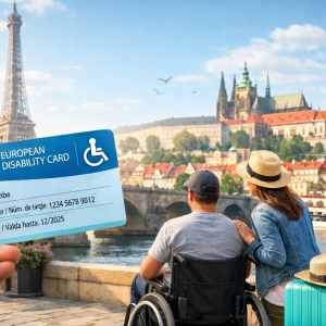 Persona viajando por Europa con la Tarjeta Europea de Discapacidad y accesibilidad