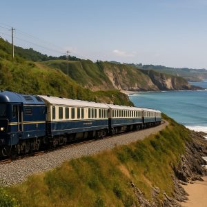 Tren Transcantábrico recorriendo la costa norte de España en un viaje turístico de lujo