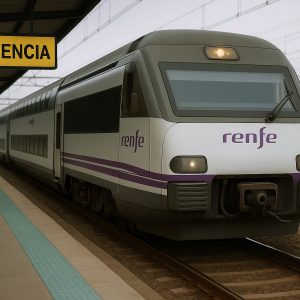 Tren de Renfe detenido en estación con cartel de incidencia