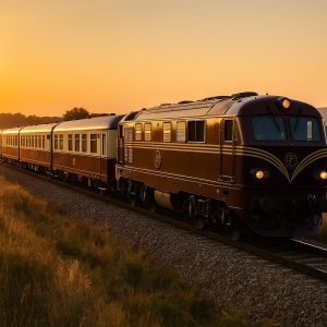 Tren turístico clásico recorriendo paisajes de España al atardecer