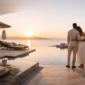 Pareja disfrutando de las vistas desde su suite de lujo